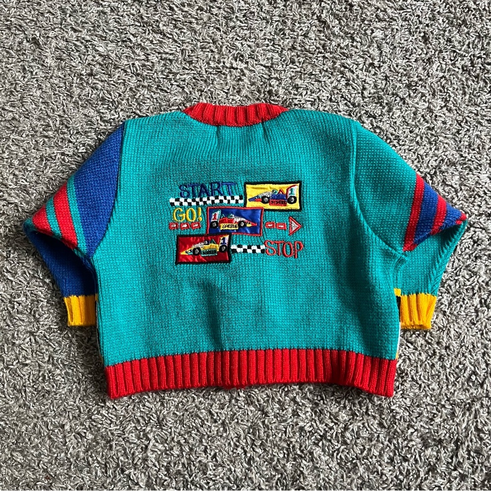 Vintage Baby Toddler Vibrant Racecar Knit Cardigan Sweater Colorful 12 Months - Picture 4 of 6